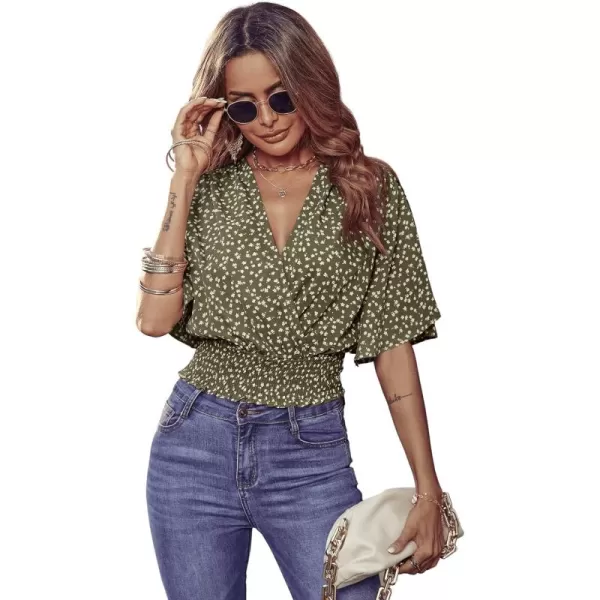 SweatyRocks Women's Short Butterfly Sleeve Ditsy Floral Wrap V Neck Shirred Blouse Crop Top