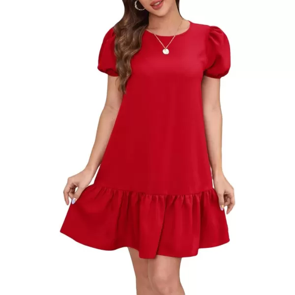 SweatyRocks Women's Short Puff Sleeve Ruffle Hem Mini Dress Casual Round Neck Solid Smock Dress