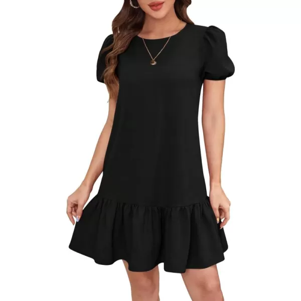 SweatyRocks Women's Short Puff Sleeve Ruffle Hem Mini Dress Casual Round Neck Solid Smock Dress