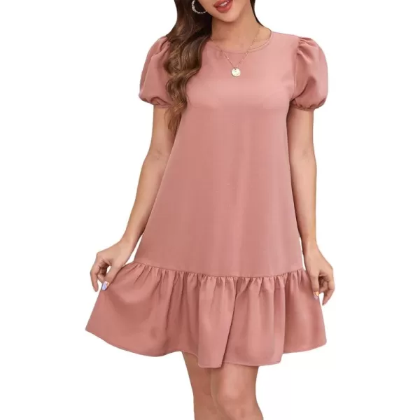 SweatyRocks Women's Short Puff Sleeve Ruffle Hem Mini Dress Casual Round Neck Solid Smock Dress
