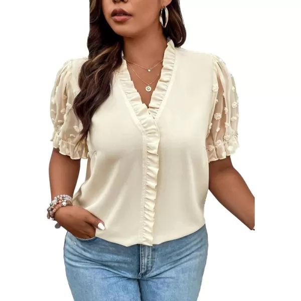 SweatyRocks Women's Short Puff Sleeve V Neck Shirt Swiss Dots Ruffle Trim Casual Blouse Top