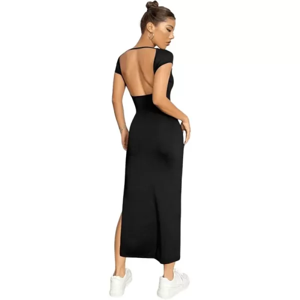 SweatyRocks Women's Short Sleeve Boat Neck Backless Dress Casual Bodycon Split Long Dresses