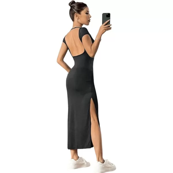 SweatyRocks Women's Short Sleeve Boat Neck Backless Dress Casual Bodycon Split Long Dresses