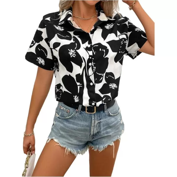SweatyRocks Women's Short Sleeve Cute Print Button Down Shirt Tops