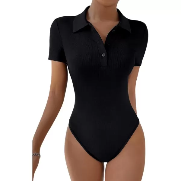 SweatyRocks Women's Short Sleeve Half Button Collared Ribbed Knit Slim Fit Bodysuit Tee Top