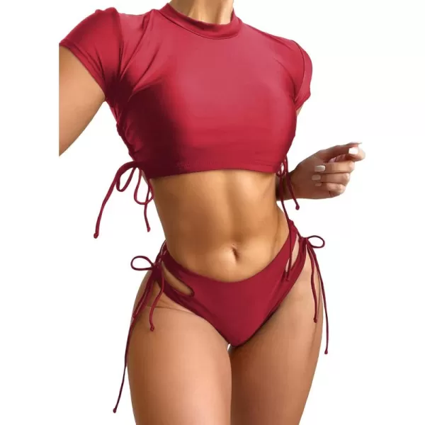 SweatyRocks Women's Short Sleeve Rash Guard Swimsuit Cut Out Tie Side 2 Piece Bathing Suit