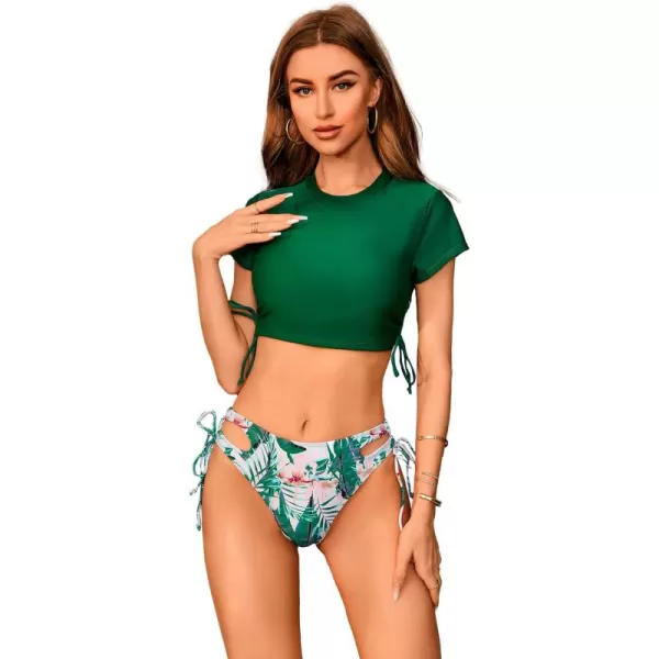 SweatyRocks Women's Short Sleeve Rash Guard Swimsuit Cut Out Tie Side 2 Piece Bathing Suit
