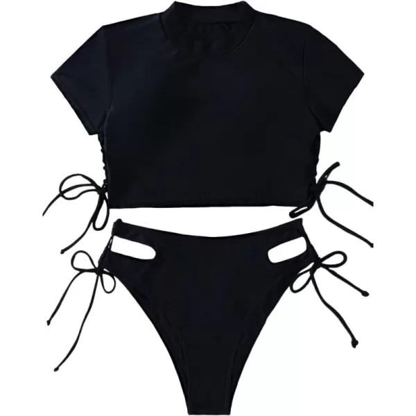 SweatyRocks Women's Short Sleeve Rash Guard Swimsuit Cut Out Tie Side 2 Piece Bathing Suit