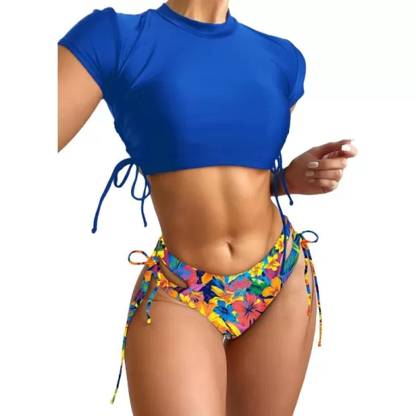SweatyRocks Women's Short Sleeve Rash Guard Swimsuit Cut Out Tie Side 2 Piece Bathing Suit
