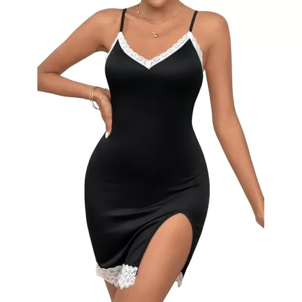 SweatyRocks Women's Sleeveless Lace Trim Nightgown Spaghetti Strap Cami Night Dress Sleepwear