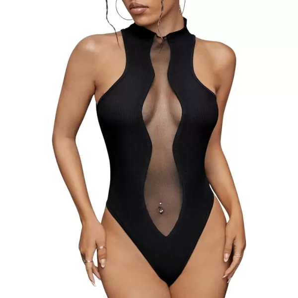 SweatyRocks Women's Sleeveless Scoop Neck High Cut Skinny Mesh Tank Top Bodysuit