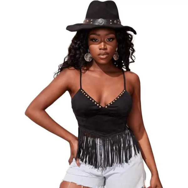 SweatyRocks Women's Sleeveless Tassel V Neck Cami Top Spaghetti Strap Beaded Crop Cami Tank Tops