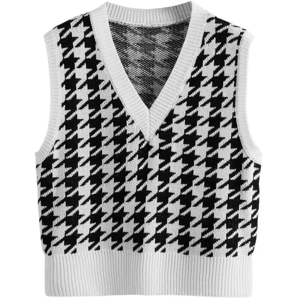 SweatyRocks Women's Sleeveless V Neck Knit Sweater Vest Houndstooth Crop Tank Top
