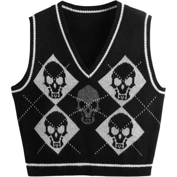 SweatyRocks Women's Sleeveless V Neck Knit Sweater Vest Skull Print Crop Tank Top