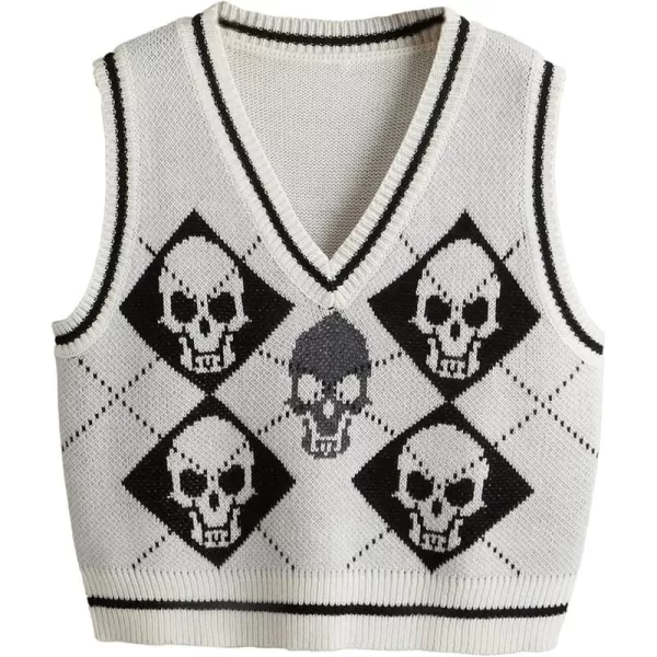 SweatyRocks Women's Sleeveless V Neck Knit Sweater Vest Skull Print Crop Tank Top