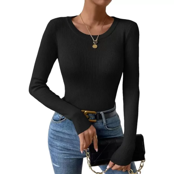 SweatyRocks Women's Solid Ribbed Knit Round Neck Sweater Long Sleeve Slim Fit Pullover Tops
