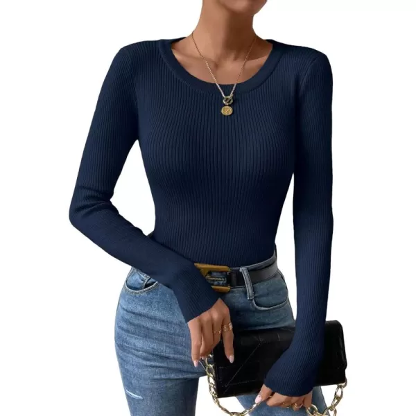 SweatyRocks Women's Solid Ribbed Knit Round Neck Sweater Long Sleeve Slim Fit Pullover Tops