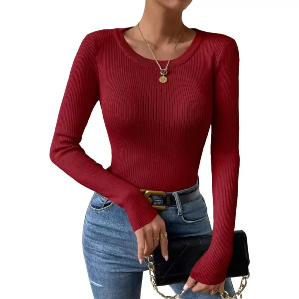 SweatyRocks Women's Solid Ribbed Knit Round Neck Sweater Long Sleeve Slim Fit Pullover Tops