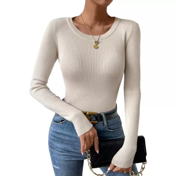 SweatyRocks Women's Solid Ribbed Knit Round Neck Sweater Long Sleeve Slim Fit Pullover Tops