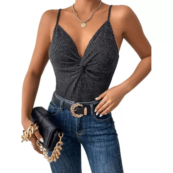 SweatyRocks Women's Solid Twist Front V Neck Cami Top Spaghetti Strap Ribbed Tank Top