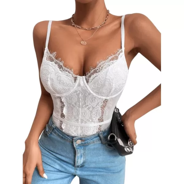 SweatyRocks Women's Spaghetti Strap V-Neck Contrast Floral Lace Cami Bodysuit Mesh Corset Top