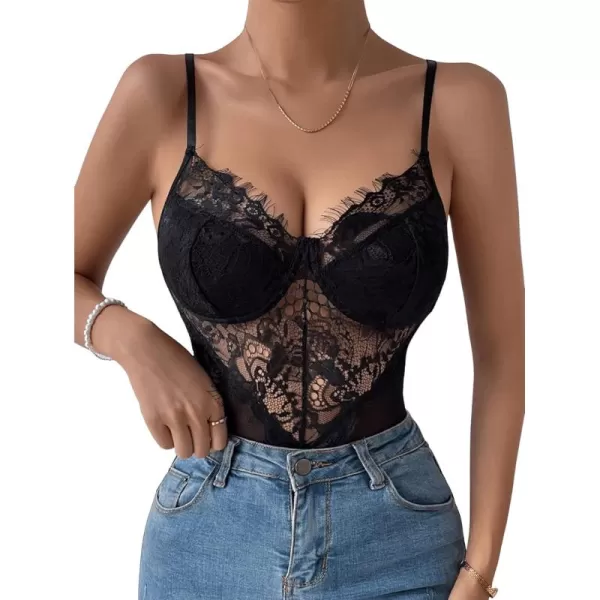 SweatyRocks Women's Spaghetti Strap V-Neck Contrast Floral Lace Cami Bodysuit Mesh Corset Top