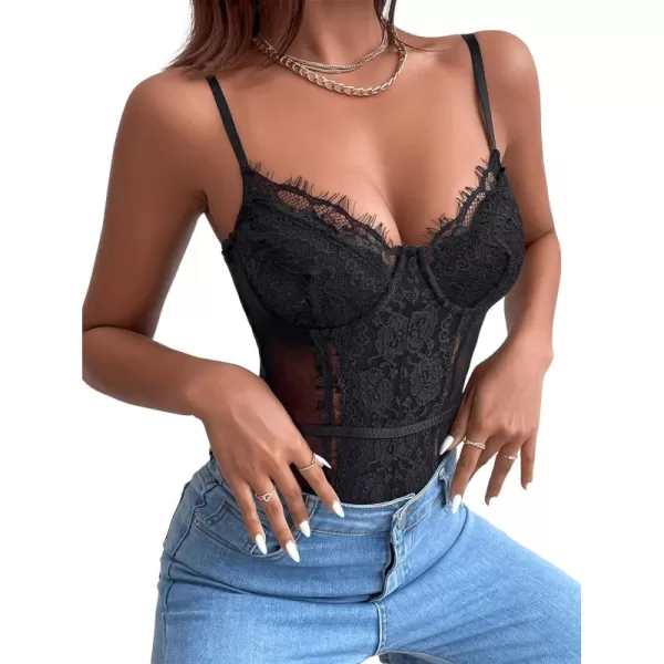 SweatyRocks Women's Spaghetti Strap V-Neck Contrast Floral Lace Cami Bodysuit Mesh Corset Top