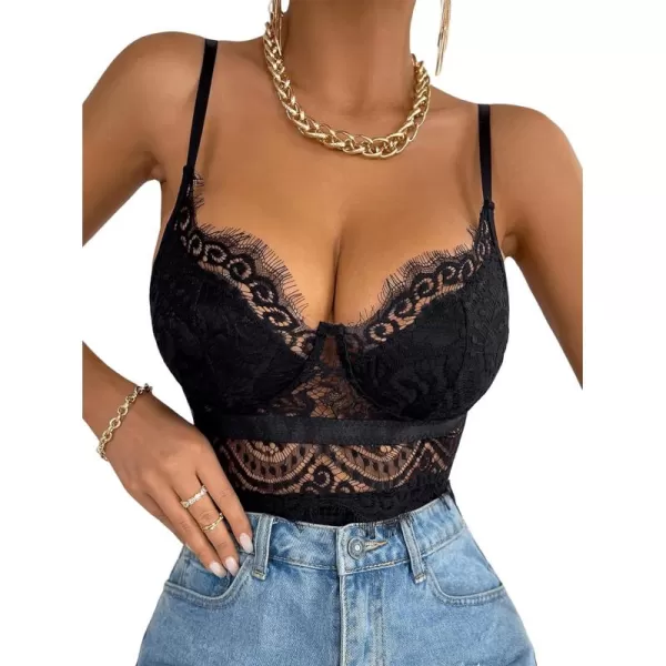SweatyRocks Women's Spaghetti Strap V-Neck Contrast Floral Lace Cami Bodysuit Mesh Corset Top