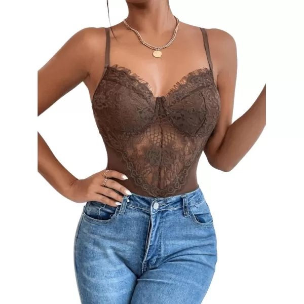 SweatyRocks Women's Spaghetti Strap V-Neck Contrast Floral Lace Cami Bodysuit Mesh Corset Top