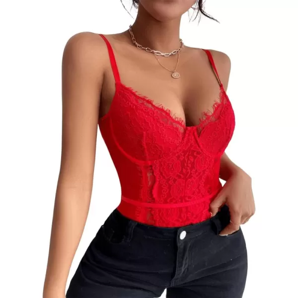 SweatyRocks Women's Spaghetti Strap V-Neck Contrast Floral Lace Cami Bodysuit Mesh Corset Top