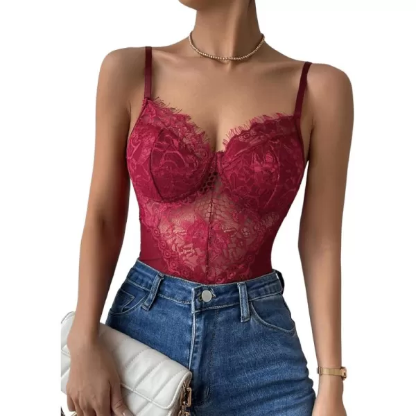 SweatyRocks Women's Spaghetti Strap V-Neck Contrast Floral Lace Cami Bodysuit Mesh Corset Top