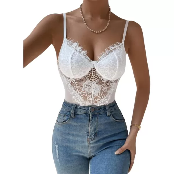 SweatyRocks Women's Spaghetti Strap V-Neck Contrast Floral Lace Cami Bodysuit Mesh Corset Top