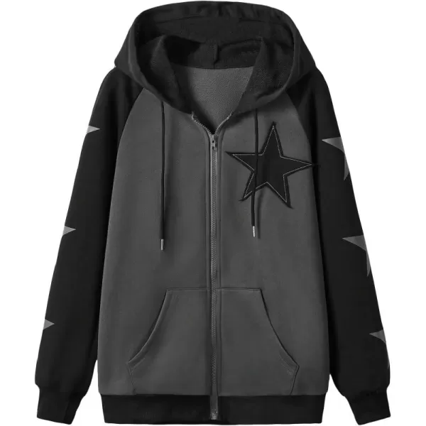 SweatyRocks Women's Star Print Zip Up Oversize Long Sleeve Casual Pocket Drawstring Hoodie