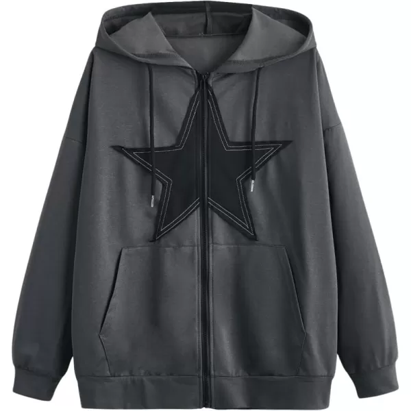 SweatyRocks Women's Star Print Zip Up Oversize Long Sleeve Casual Pocket Drawstring Hoodie