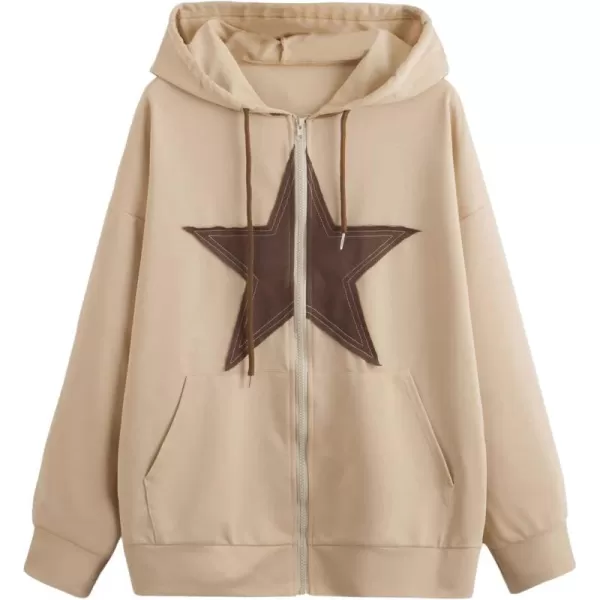 SweatyRocks Women's Star Print Zip Up Oversize Long Sleeve Casual Pocket Drawstring Hoodie