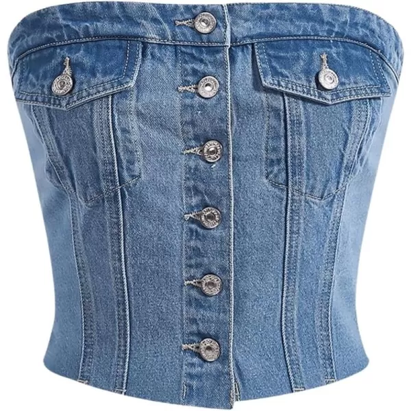 SweatyRocks Women's Strapless Button Down Slim Fit Denim Crop Tube Top with Flap Pocket