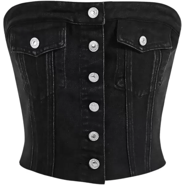 SweatyRocks Women's Strapless Button Down Slim Fit Denim Crop Tube Top with Flap Pocket