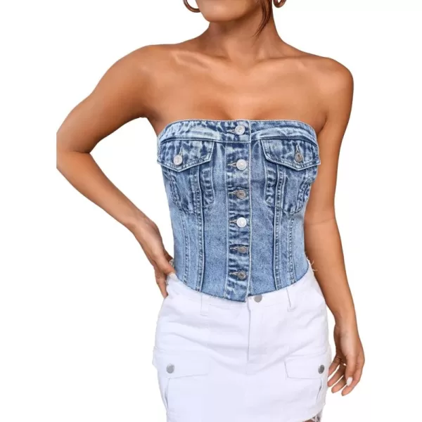 SweatyRocks Women's Strapless Button Down Slim Fit Denim Crop Tube Top with Flap Pocket