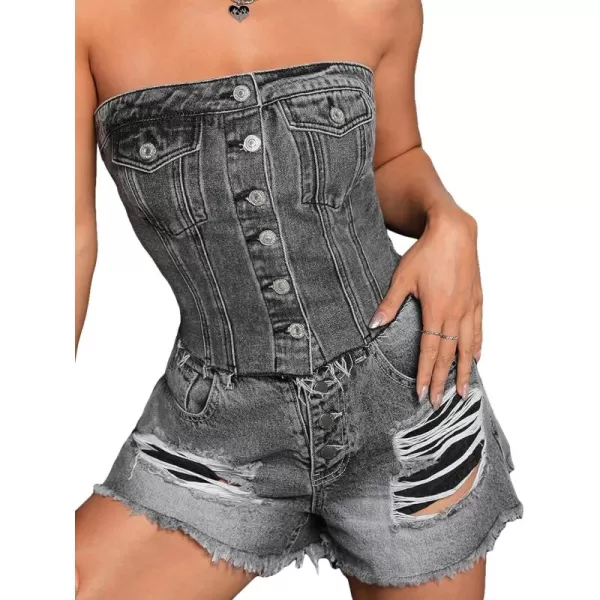 SweatyRocks Women's Strapless Button Down Slim Fit Denim Crop Tube Top with Flap Pocket