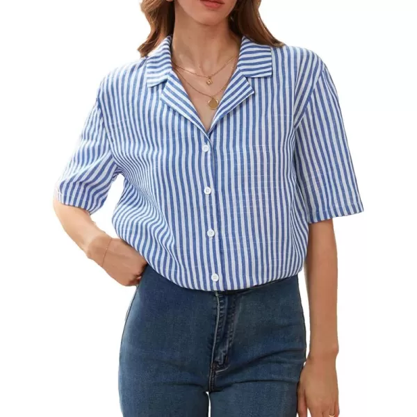 SweatyRocks Women's Stripe Print Button Down Shirt Casual Roll Up Short Sleeve Collar Blouse Top