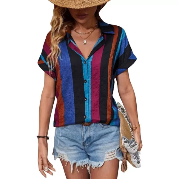SweatyRocks Women's Stripe Print Button Down Shirt Casual Roll Up Short Sleeve Collar Blouse Top
