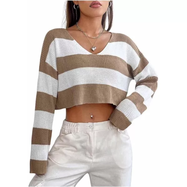 SweatyRocks Women's Striped Long Sleeve V Neck Crop Sweater Colorblock Drop Shoulder Pullover Sweater Tops