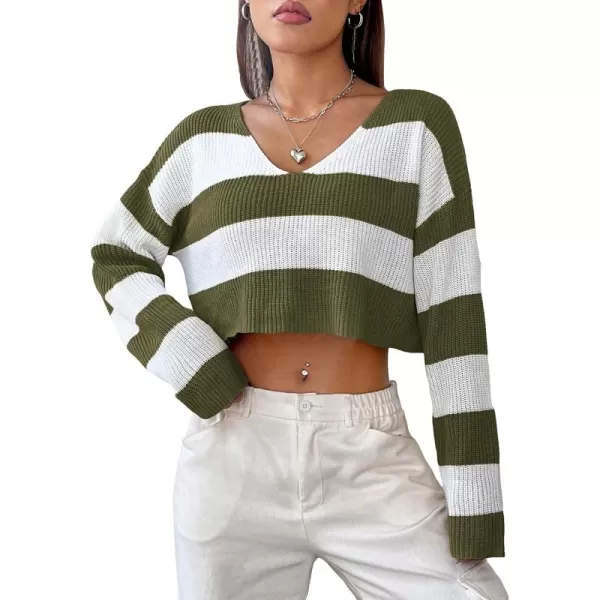 SweatyRocks Women's Striped Long Sleeve V Neck Crop Sweater Colorblock Drop Shoulder Pullover Sweater Tops