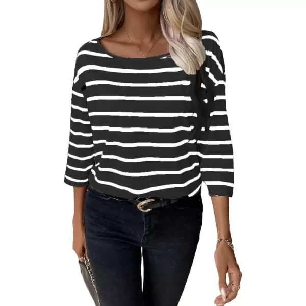 SweatyRocks Women's Striped Print 3/4 Sleeve Tee Scoop Neck Drop Shoulder T Shirts