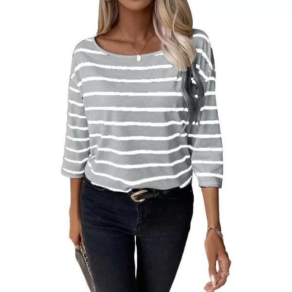 SweatyRocks Women's Striped Print 3/4 Sleeve Tee Scoop Neck Drop Shoulder T Shirts