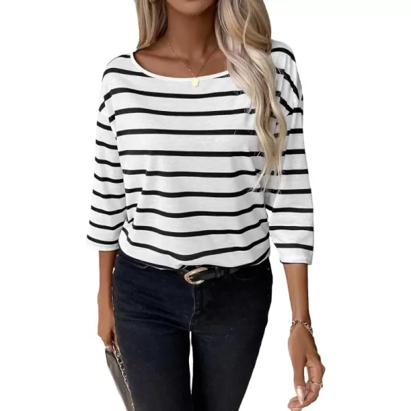 SweatyRocks Women's Striped Print 3/4 Sleeve Tee Scoop Neck Drop Shoulder T Shirts