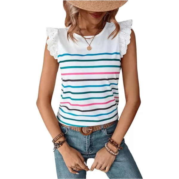SweatyRocks Women's Striped Print Round Neck Tee Shirt Ruffle Lace Cap Sleeve Summer Tops