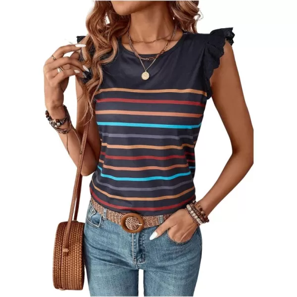 SweatyRocks Women's Striped Print Round Neck Tee Shirt Ruffle Lace Cap Sleeve Summer Tops