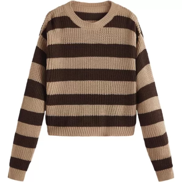 SweatyRocks Women's Striped Round Neck Drop Shoulder Crop Sweater Long Sleeve Knitted Top