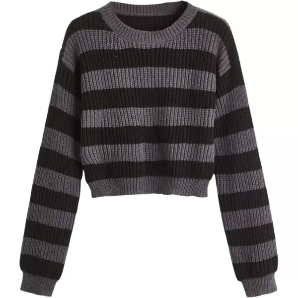 SweatyRocks Women's Striped Round Neck Drop Shoulder Crop Sweater Long Sleeve Knitted Top